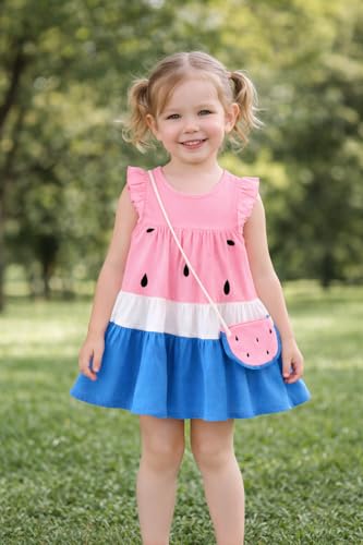 Image of Bold N Elegant One in Melon Girl's Cap Sleeve Cotton Summer Party Flared Knee Length Dress Frock with Faux Bag Purse for Infant Toddler Baby Girl's