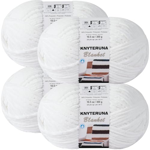 Image of #6 Super Bulky Blanket Yarn for Crocheting - 4 Skeins(Each 10.5oz /300g, 220yds /201m), Chunky Chenille Thick Plush Big Soft Yarn for Crocheting Knitting Blankets, Pure White