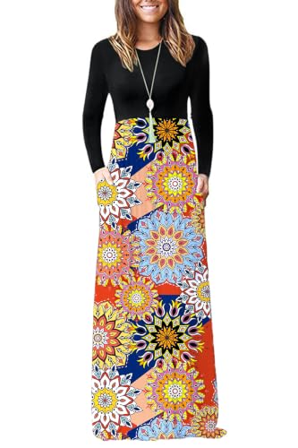 Image of WNEEDU Women's 3 /4 Sleeve Casual Loose Long Maxi Dresses with Pocket | Empire Elastic Waist, Crewneck, Floor Length, Soft Stretchy Flowy, Formal Dress, Wedding Wear, Solid Color and Prints