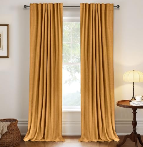 Image of 100% Blackout Shield Linen Blackout Curtains for Bedroom 90 Inches Long,Back Tab /Rod Pocket Living Room Drapes,Thermal Insulated Textured Blackout Curtains 2 Panels Set,50 inch W x 90 inch L,Mustard Yellow
