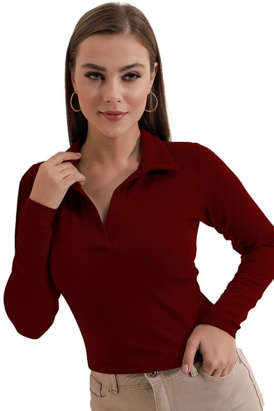 Image of Dream Beauty Fashion Women's Collared Neck Long Sleeve Slim Fit Casual Tee Top, 23 inch inches (Apple-01-P)