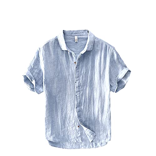 Chemise en lin bleu haut de gamme homme col rabattable ajustée XL