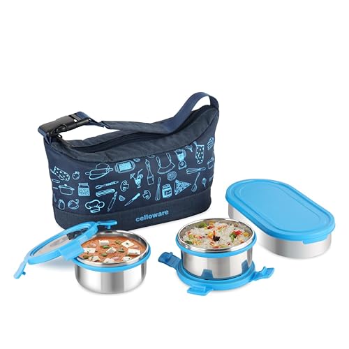 Image of CELLO MF Blaze Stainless Steel Lunch Box for Office Use Blue | 300ml x 2 Round Containers, 1 x 500ml Oval Containers, Lightweight Easy to Carry Leak Proof Airtight Tiffin Box for Travel and Daily Use