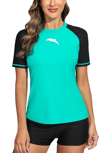 Halcurt Women's Short Sleeve Swim Shirt Rash Guard Swimsuit Top Only UPF50+ Sun Protection Bathing Suit Turquoise S