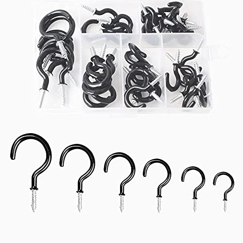 70 pièces en métal Crochet à visser Crochet de plafond Crochet à visser Crochet pour gobelet Crochet pour corde à linge Crochet pour tasse pour objets ménagers 6 tailles avec boîte en plastique(Noir) Cover