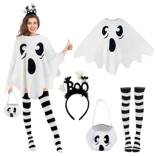 4 Pcs Halloween Ghost Costume Set for Women with Ghost Poncho, Candy Bag, Headbands & Striped Tights