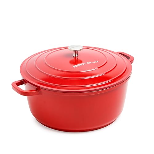 ESEVOLO - Olla de hierro fundido de inducción, 28 cm, redonda de hierro fundido de aluminio con revestimiento cerámico antiadherente, olla con tapa, ideal para sopa, estofados, pan, horno y gas, color