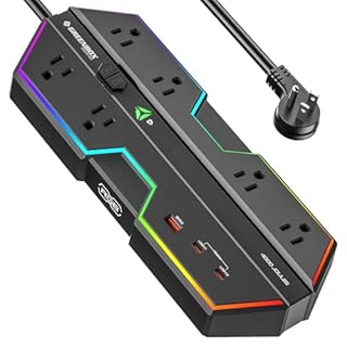 4000J Surge Protector Power Strip with USB Ports, 6 Outlet Power Strip with RGB Lights and PD 20W Fast Charging, Wide-Spaced Outlet Perfect for e-Sports, Game PC, Home and Offices
