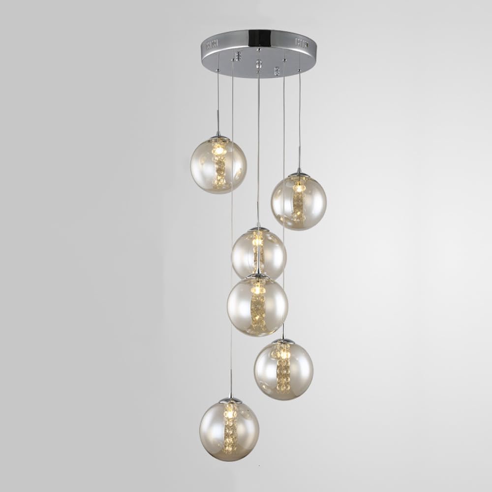 KXEcoLife 10 Glass Decorate Balls Staircase Chandelier Long Pendant Light Amber Mid Century Modern Hanging Industrial Farmhouse Round Crystal Bubble For High Ceilings Foyer Entryway