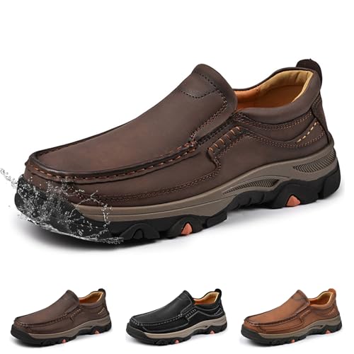Mens Loafers Leather Slip on Waterproof Driving Casual Dress Shoes, Men's Soft Lightweight Comfortable Business Shoes for Walking and Hiking