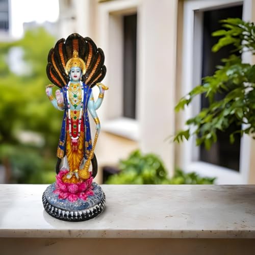 Image of YASHONIDHI Venkatesh Narayan Vishnu Bhagwan Statue, 12 Inches, Lakshminarayan Full-Colour Murti Standing on Lotus and Sheshnag, for Home, Office Decoration, for Pooja Room