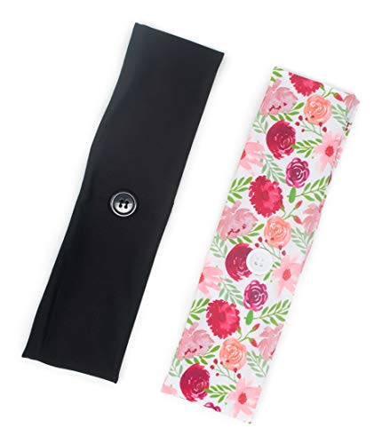 Limeloot Headbands with Buttons for Face Masks, 2-Pack Black and Floral