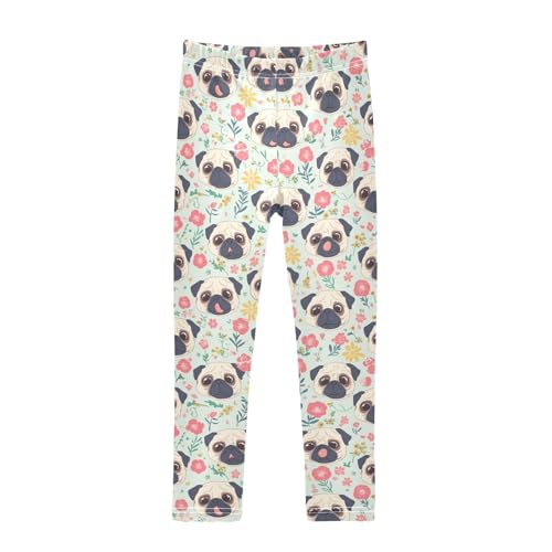 Wusikd Cute Pug Dog Girls' Leggings Toddler Doodles Flowers Kids Yoga Pants Dance Active Tights 4T