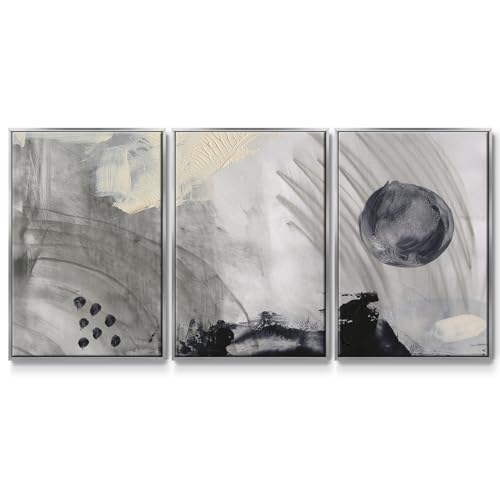 Renditions Gallery Abstract Wall Art Black and Grey Painting Modern Minimalist Home Décor Artwork 3 Pieces of Silver Framed Canvas Prints Wall Decorations for Bathroom and Bedroom 26x40 Inch LS008
