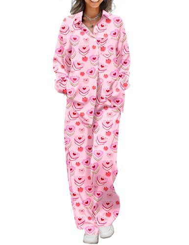 Image of Ekouaer Womens Satin Silky Pajama Set 2 Piece Print PJs Soft Loungewear Button Down Sleepwear with Elastic Waist Long Pants