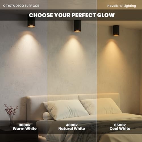Image of Havells Crysta Deco Surf Cob 12W 4K Black B,Led-Spotlights,Energy Efficient,Long Life of 25000 Burning Hours,Beam Angle of 36,Metal Body Cob with Integrated Driver,Natural Daylight (4000K)