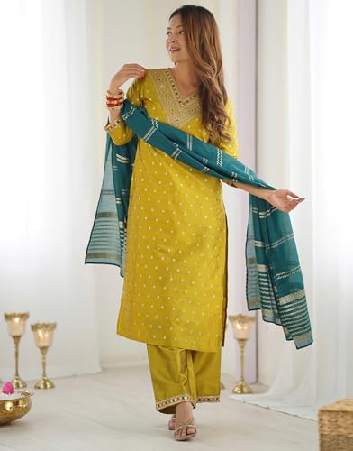 Image of SKYLEE Silk Blend Jaquard Sequins Embroidery and Lace Straight Kurta Set with Dupatta