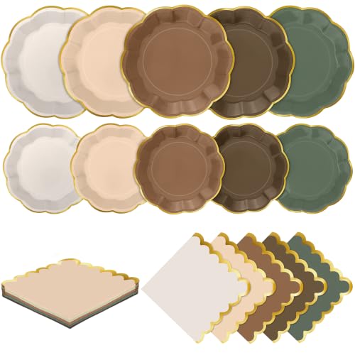 Kochorie 100 Pcs Woodland Scalloped Paper Plates and Napkins