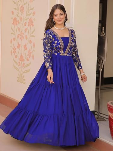 Image of FOXDX Womens Faux Georgette Sequence Embroidered Ankle Length Anarkali Gown for Women| Festival | Trending |