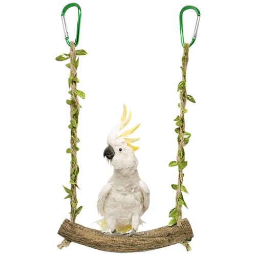 JOWILIN Wood Birds Cage Swing Bird Perch Stand with Metal Hooks Parrot Rope Swing Hanging Toy Bird Chewing Toy Training Stand Holder for Budgie Conure Finches Cockatiel Lovebird