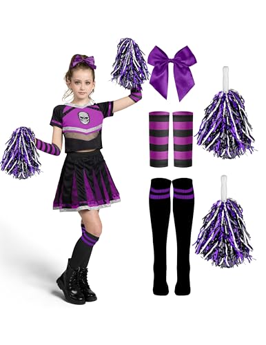 Photo de Spooktacular Creations Déguisement de pom-pom girl d'Halloween pour filles, tenue de pom-pom girl effrayante avec crâne et accessoires pour jeux de rôle d'Halloween, violet et noir, taille S