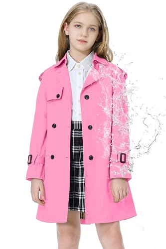 Image of Betusline Girls Trench Coat,Double Breasted Long Sleeve Belted Casual Windbreaker Jacket Outwear,2# Pink,9-10 Years