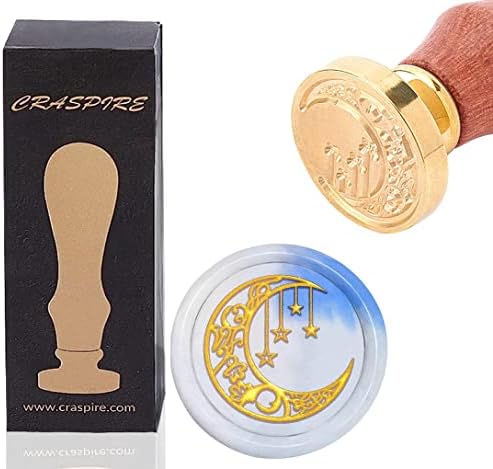 CRASPIRE Moon Wax Seal Stamp Moon and Stars Vintage Sealing Wax Stamps Moon 25mm Removable Brass Seal Stamp with Wood Handle for Wedding Invitations Envelopes Valentine's Day Craft Adhesive Waxing