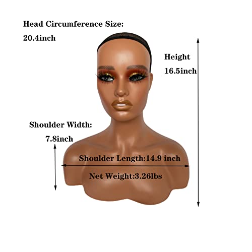Voloria Realistic Female Mannequin Head with Shoulder Manikin PVC Head Bust Wig Head Stand with Makeup for Wigs Necklace Earrings Light Brown with Yellow Eye Shadow - Thumbnail 2