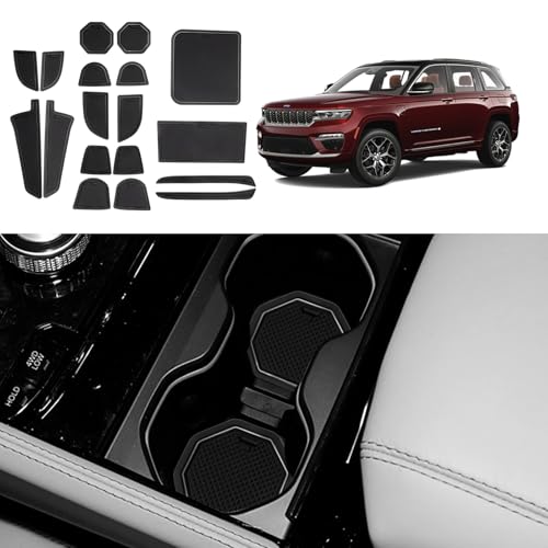 ASZSK Soft Mats for Jeep Grand Cherokee 2022-2024,Non-Slip Door Slot Mats Waterproof Cup Holder Insert Center Console Liners for Grand Cherokee L 2024 2023 2022 Accessories - Black