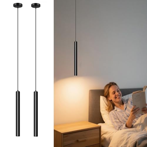 ACMHNC LED Lámpara Colgante, 2 Piezas Lampara Colgante Isla Cocina Diseño Cilíndrica, Lampara de Techo Colgante Para Dormitorio Mesita Noche Comedor, Metal Negro Mate, Blanco Cálido 3000K,30cm
