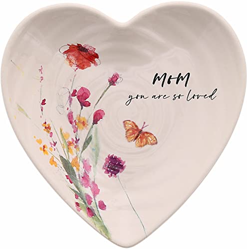 Pavilion Gift Company - Mom - Ceramic Heart-Shaped Keepsake Dish, Watercolor Floral Design, 1 Count, 4.5 inches Overall in Size