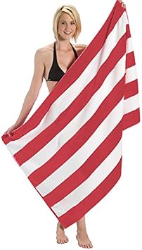 Premium Cabana Stripe Velour Beach Towel 35 inch x 60 inch-Red