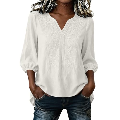 Embroidered Tops for Women 3/4 Sleeve Cotton Linen Shirt Boho V-Neck Blouse - image 2