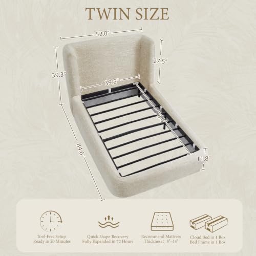 Image of Yechen Twin Cloud Bed, Upholstered Twin Platform Bed, Cream