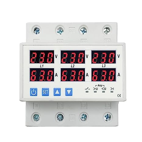 Quick Sense (QS-VP03) 3-Phase Automatic Over/Under Voltage Protector with Auto-Reconnect Din-Rail Mount 63A 220V Voltage Guard (White)