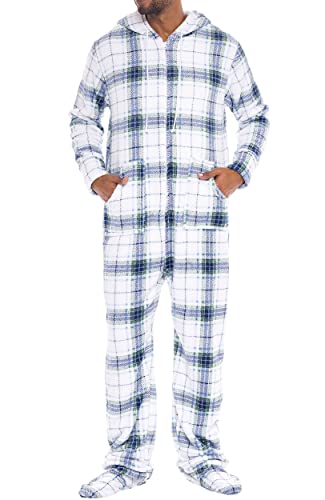 Alexander Del Rossa Men's Warm Fleece One Piece Hooded Footed Zipper Pajamas Set, Plush Adult Onesie Footie Hood Blue on White Plaid Large (A0320P06LG)