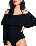 May&Maya Women's Off Shoulder with Ruffle Overlay Bodysuit (XXL, Black2)