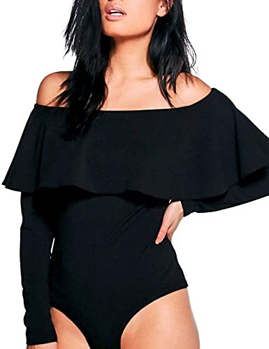 May&Maya Women's Off Shoulder with Ruffle Overlay Bodysuit (XXL, Black2)