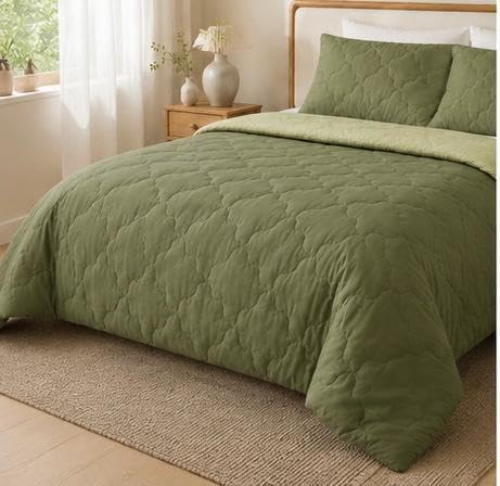 Puffy Reversible Comforter Queen, Olive Green and sage Green | Dual-Tone Design, Cloud Quilting Pattern, Soft Microfibre Fill, Bedroom Decor-image-27