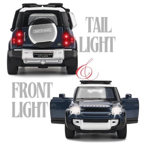 Image of 1:32 Scale Land Rover Defender Model Car - Exclusive Alloy Metal Pullback Toy with Openable Doors, Lights, and Music for Kids (Blue)