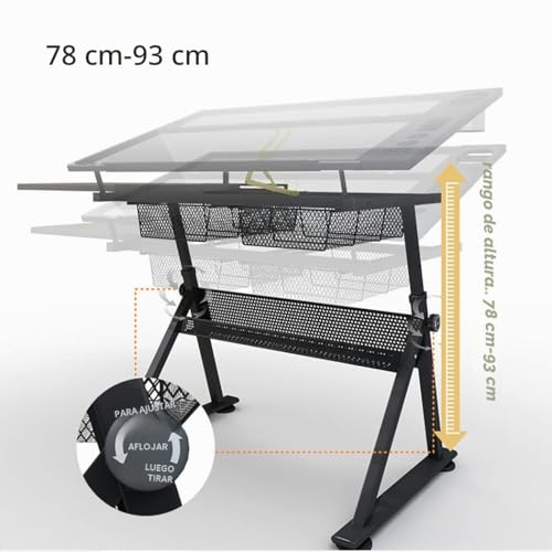Miniatura 4 de Mesa De Dibujo De Artistas De Altura Ajustable Con Taburete, Estación De Trabajo Perfecta Para Artistas, Parte Superior De Vidrio Templado, 2 Cajones, Escritorio Inclinable Para Leer, Dibujar,
