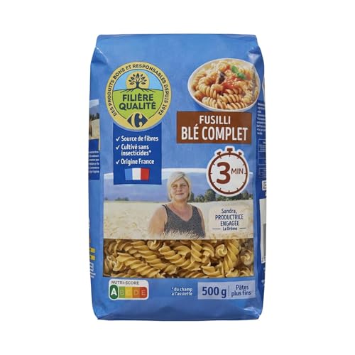 Pâtes complètes au blé dur sachet refermable 500 g source de fibres France