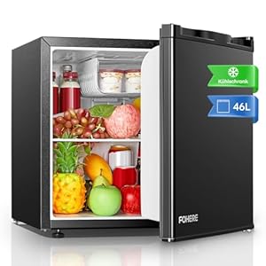 FOHERE Mini Fridge 46L, E Energy Rating, Table Top Fridge, Reversible Door, Adjustable temperature, Built in Ice Box, Compact Wine&Beers Cooling, Black