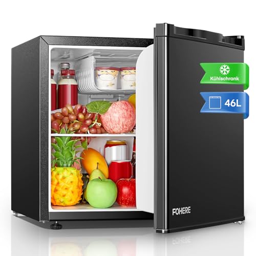 FOHERE Mini Fridge 46L Small Table Top Fridge Low Noise Adjustable Temperature Control & Legs Reversible Door Compact Wine&Beers Cooling Black