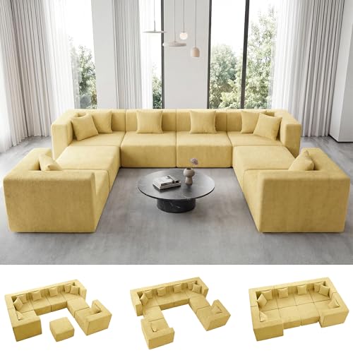 Image of MONVANE Modular Sectional Sofa, Oversized 8 Seat Convertible U Shaped Couch with Ottoman, Comfy Teddy Velvet Cloud Couch with Deep Seat, Sectional Couches for Living Room, No Assembly Required, Yellow