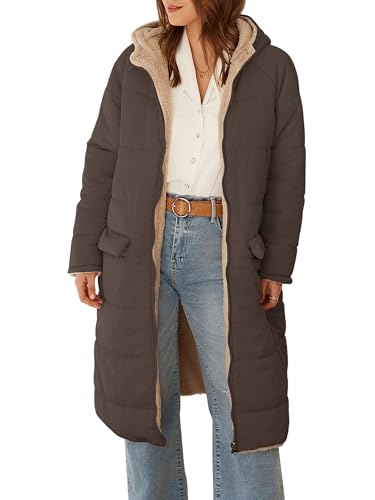 ECOWISH Women Winter Puffer Jacket - Reversible Fur Fleece Lined Hood Zip Sherpa Coat Parka Padded Long Outerwear