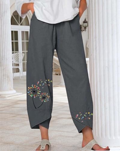 Cotton Linen Capri Pants for Womens Casual Summer Printed Waist Wide Leg Palazzo Cropped Baggy Trousers with Pockets2