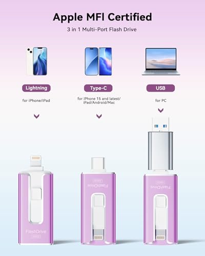 Image of MFi Certified 256GB Flash Drive for iPhone, 3 in 1 Type-C USB Memory Stick Thumb Drive for Photos Videos, High Speed External Memory Storage Photo Stick for iPhone iPad Android PC (Purple)