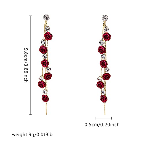 3D Rose Flower Crystal Long Tassel Drop Earrings for Women CZ Rhinestone Rose Fashion Purple Red Long Tassel Dangle Earrings Weddings Party Jewelry Accessories Gift4