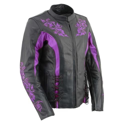 Milwaukee Leather LKL27002 Womens Premium Black and Purple Leather Embroidered Jacket with CE Armor Protection - Large